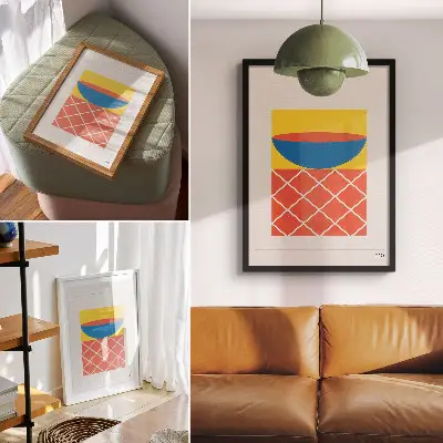 Affiche décorative composition géométrique jaune bleu et rouge