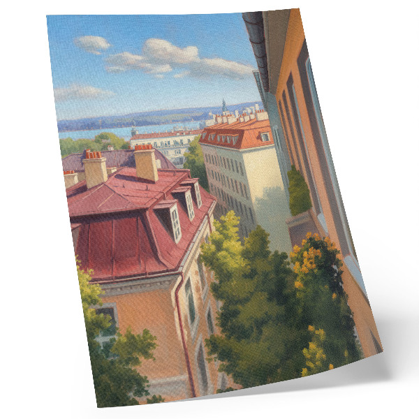 Impression sur toile Arbres luxuriants, tuiles rouges, ciel bleu