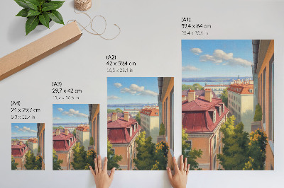 Impression sur toile Arbres luxuriants, tuiles rouges, ciel bleu