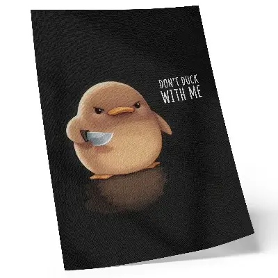Impression sur toile représentant un adorable canard avec un couteau sur fond noir