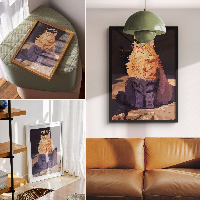 Impression sur toile Chat avec texte orange gris beige