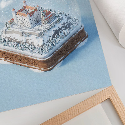Impression sur toile Globe d'hiver avec château et neige style illustration
