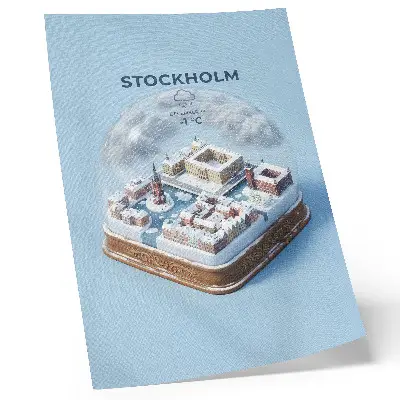 Décoration murale représentant Stockholm dans une sphère d'architecture moderne et de climat hivernal