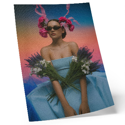 Affiche décorative Femme avec des fleurs sur fond de coucher de soleil