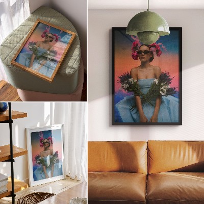 Affiche décorative Femme avec des fleurs sur fond de coucher de soleil