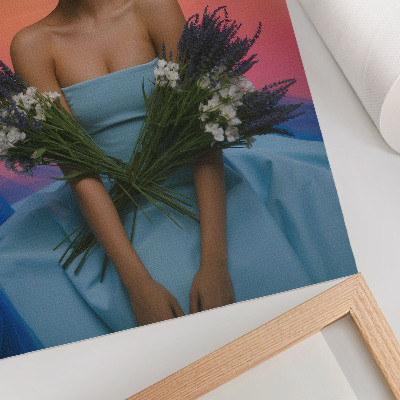 Affiche décorative Femme avec des fleurs sur fond de coucher de soleil