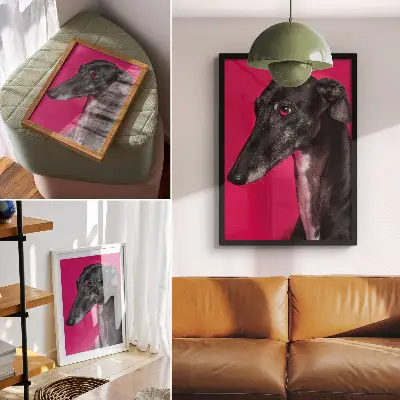 Affiche décorative représentant un chien noir et blanc sur fond rose intense