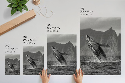 Affiche décorative Photo d'une baleine qui saute, avec des montagnes en arrière-plan.