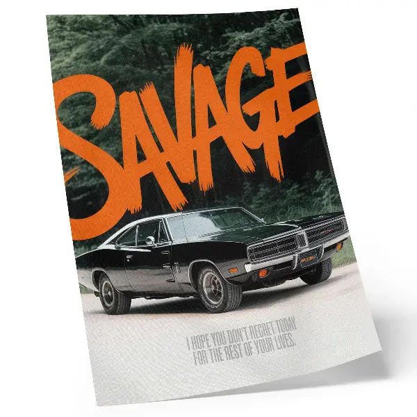 Affiche décorative voiture classique avec lettrage orange sur thème nature