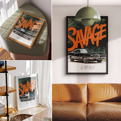 Affiche décorative Voiture classique, lettrage orange, thème nature