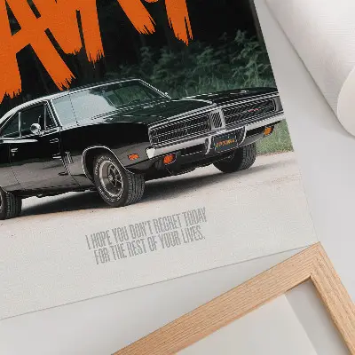 Affiche décorative voiture classique avec lettrage orange sur thème nature