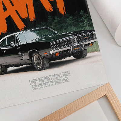 Affiche décorative Voiture classique, lettrage orange, thème nature