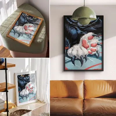 Affiche décorative chat aux griffes acérées aux couleurs vives et au dynamisme intense