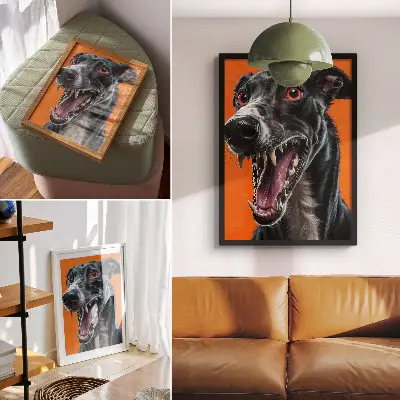 Impression sur toile fourrure noire sur fond orange avec détails expressifs