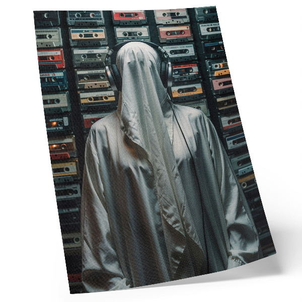 Affiche décorative Une silhouette en blanc devant un mur de cassettes audio.
