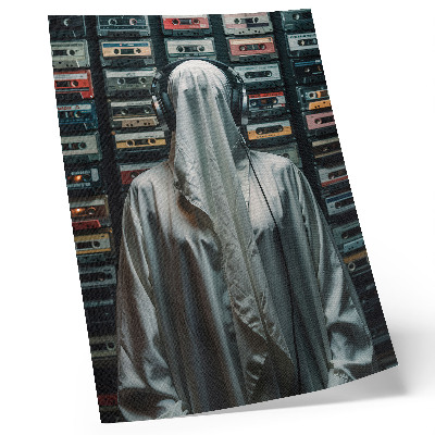Affiche décorative Une silhouette en blanc devant un mur de cassettes audio.