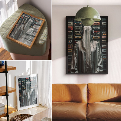 Affiche décorative Une silhouette en blanc devant un mur de cassettes audio.