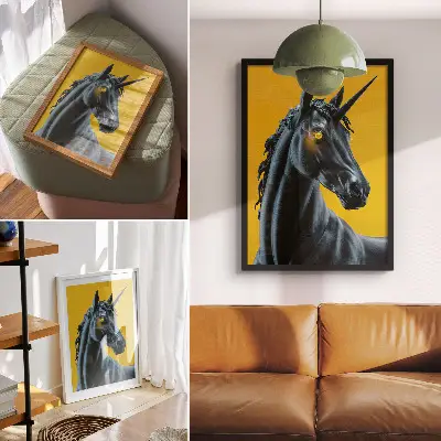 Affiche décorative représentant une licorne magique et mystérieuse sur fond jaune