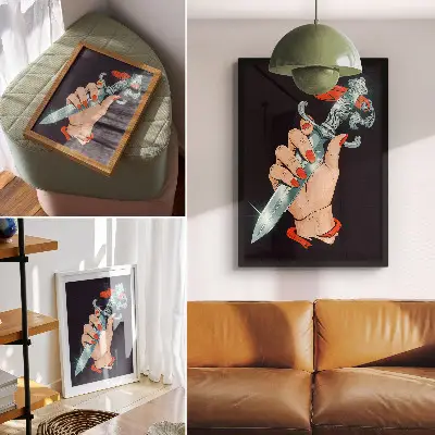 Impression sur toile main tenant un poignard avec détails scintillants
