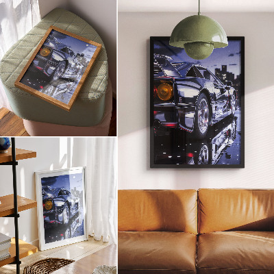 Impression sur toile Les phares nocturnes des voitures de sport brillent en ville.