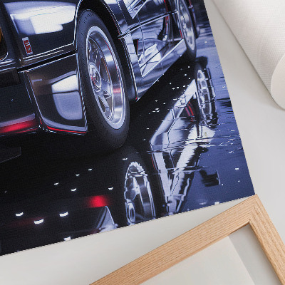 Impression sur toile Les phares nocturnes des voitures de sport brillent en ville.