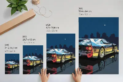 Affiche décorative représentant une voiture de sport élégante dans une ville moderne de nuit