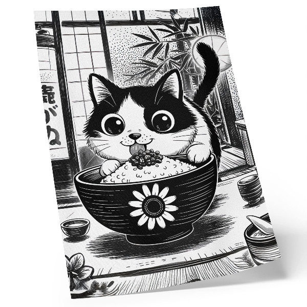 Affiche décorative Chat dans un bol de riz, style comique, style oriental