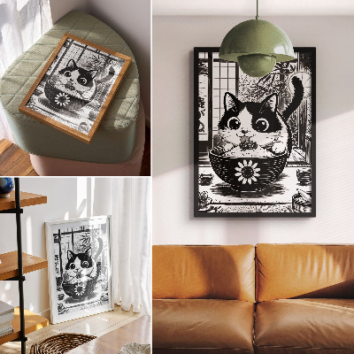 Affiche décorative Chat dans un bol de riz, style comique, style oriental