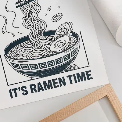 Décoration murale représentant des baguettes dans un bol de ramen style bande dessinée