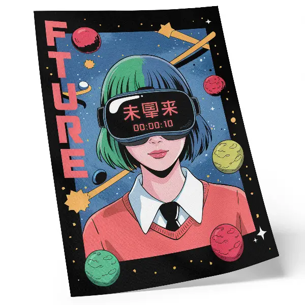 Affiche décorative représentant une femme dans un univers de réalité virtuelle spatiale moderne