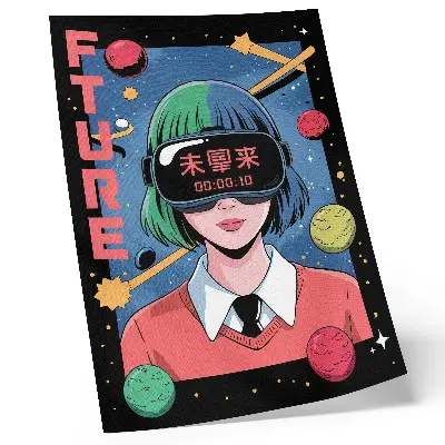 Affiche décorative représentant une femme dans un univers de réalité virtuelle spatiale moderne