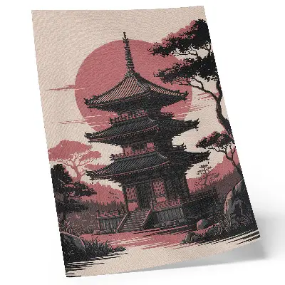 Affiche décorative représentant une pagode orientale entourée d'arbres dans un cadre naturel harmonieux et esthétique