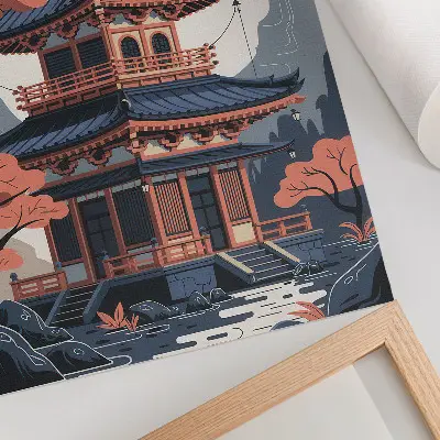 Décoration murale représentant un temple japonais aux tons pastel avec des arbres et des montagnes dans un esprit de paix