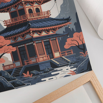 Décoration murale Temple japonais aux couleurs pastel, arbres, montagnes, paix