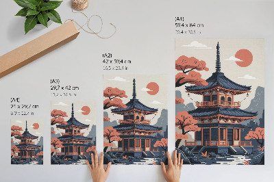 Décoration murale Temple japonais aux couleurs pastel, arbres, montagnes, paix