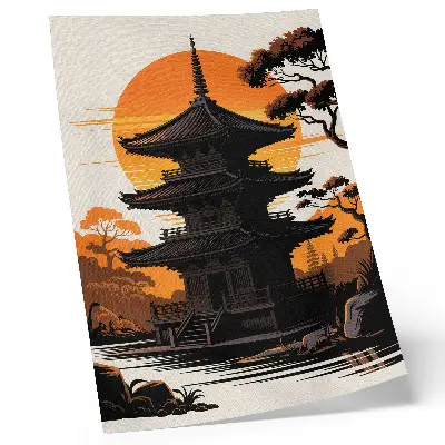 Impression sur toile représentant un bâtiment oriental avec soleil et arbres au bord de l'eau