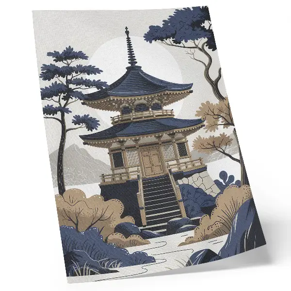 Décoration murale représentant une pagode, un arbre et une montagne dans un esprit de paix et d'harmonie