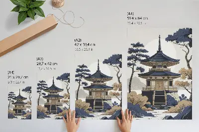 Décoration murale représentant une pagode, un arbre et une montagne dans un esprit de paix et d'harmonie
