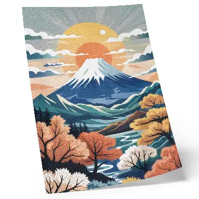 Affiche décorative montagnes enneigées avec forêt colorée au coucher du soleil