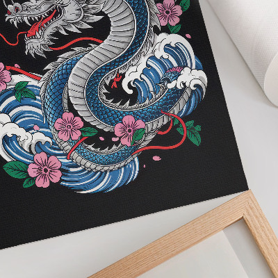 Décoration murale Un dragon parmi les fleurs et les vagues, une composition dynamique