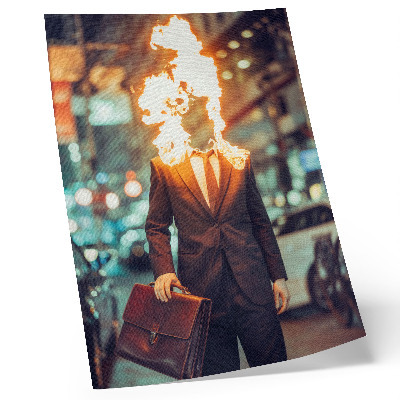 Affiche décorative Un homme élégant, la tête en feu, dans la ville