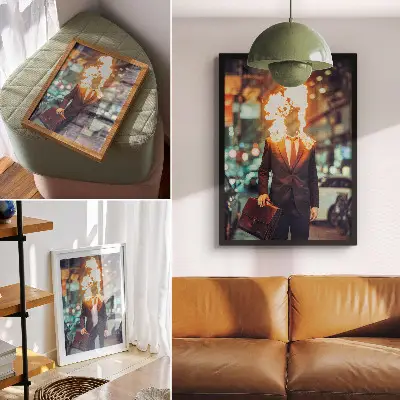 Affiche décorative représentant un homme élégant avec la tête en feu dans une ville