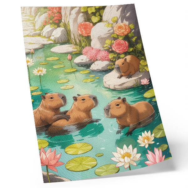Impression sur toile Des capybaras dans l'étang, fleurs, harmonie de la nature