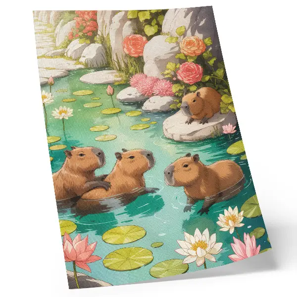 Impression sur toile représentant des capybaras dans l'étang avec des fleurs en harmonie avec la nature