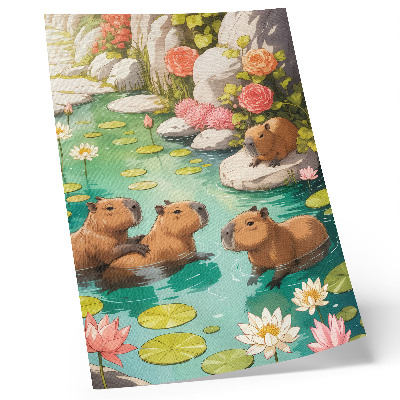 Impression sur toile Des capybaras dans l'étang, fleurs, harmonie de la nature