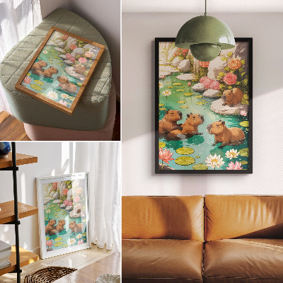 Impression sur toile Des capybaras dans l'étang, fleurs, harmonie de la nature