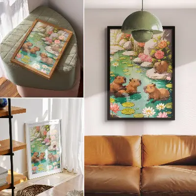 Impression sur toile représentant des capybaras dans l'étang avec des fleurs en harmonie avec la nature
