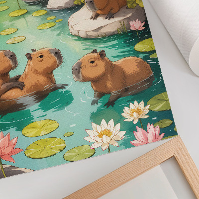 Impression sur toile Des capybaras dans l'étang, fleurs, harmonie de la nature