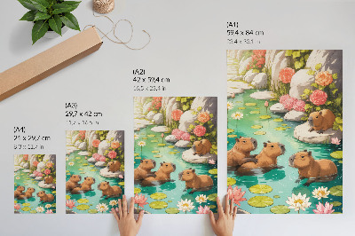 Impression sur toile Des capybaras dans l'étang, fleurs, harmonie de la nature
