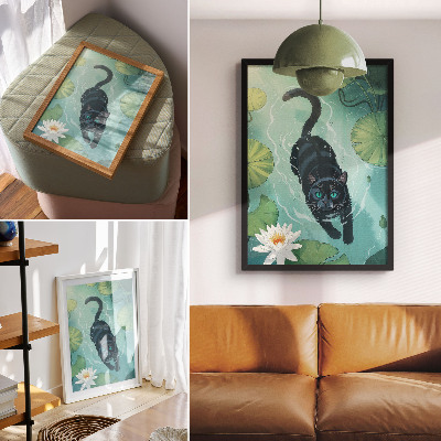 Affiche décorative Chat dans l'eau, délicates feuilles de nénuphar